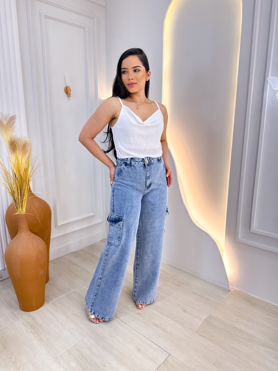 Calça  Cargo Marmorizado clara perna Larga 100% algodão.