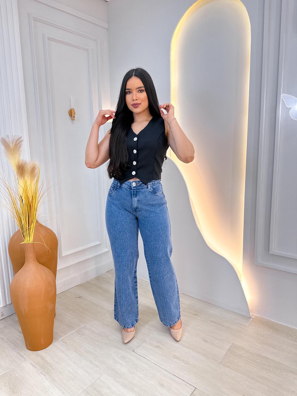 Calça  Wide Leg Azul marmorizada com pedraria na frente 100% algodão.