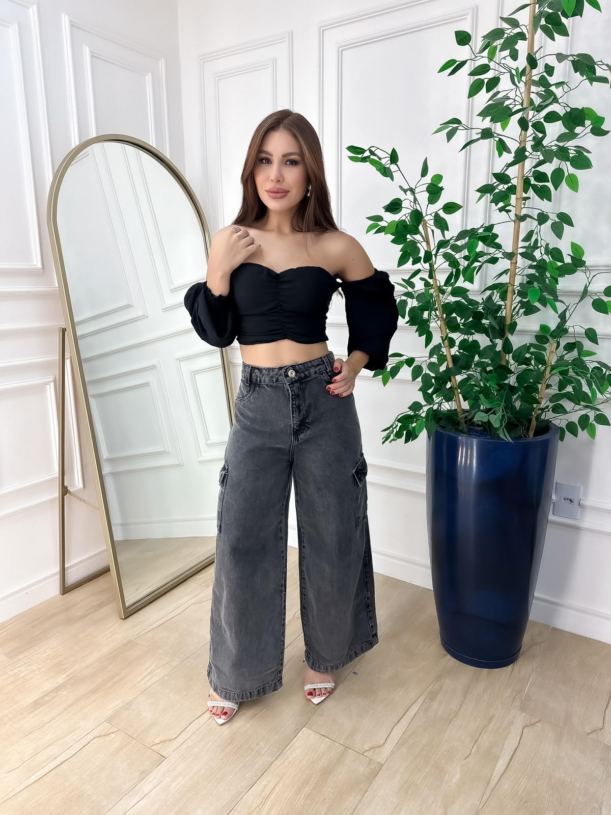 Calça Cargo Wid Leg Perna Larga Preta Marmorizado 100% Algodão.